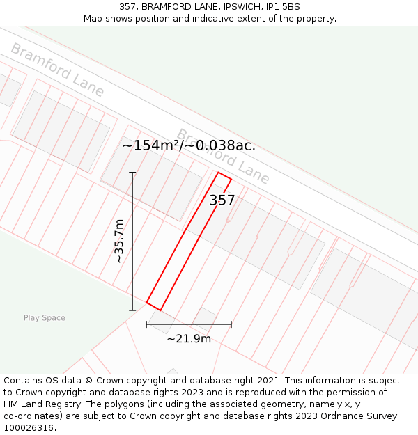 357, BRAMFORD LANE, IPSWICH, IP1 5BS: Plot and title map