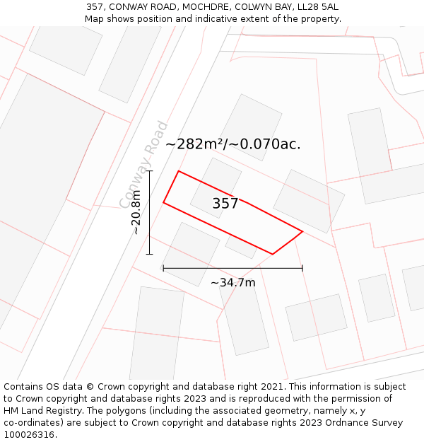 357, CONWAY ROAD, MOCHDRE, COLWYN BAY, LL28 5AL: Plot and title map