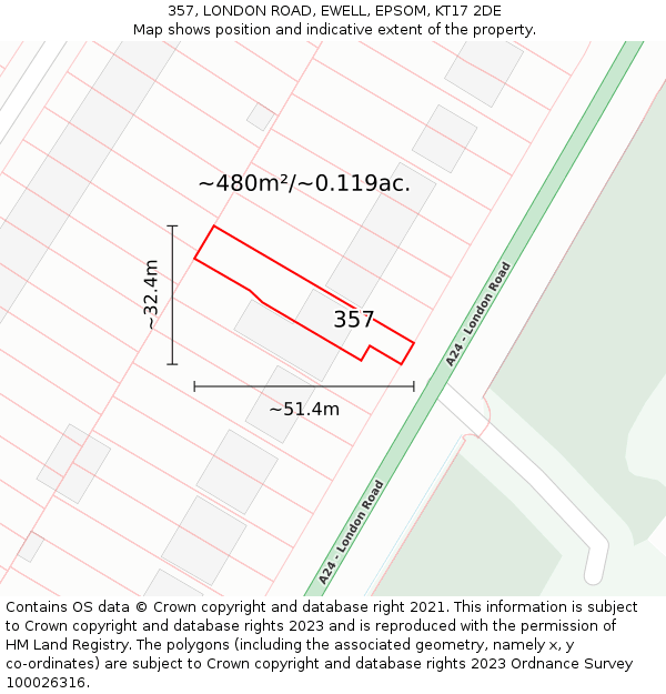 357, LONDON ROAD, EWELL, EPSOM, KT17 2DE: Plot and title map