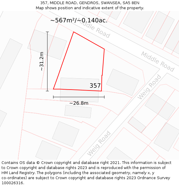 357, MIDDLE ROAD, GENDROS, SWANSEA, SA5 8EN: Plot and title map