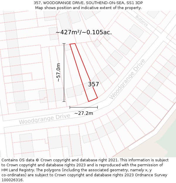 357, WOODGRANGE DRIVE, SOUTHEND-ON-SEA, SS1 3DP: Plot and title map