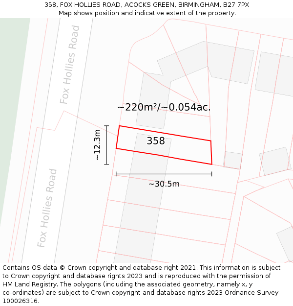 358, FOX HOLLIES ROAD, ACOCKS GREEN, BIRMINGHAM, B27 7PX: Plot and title map