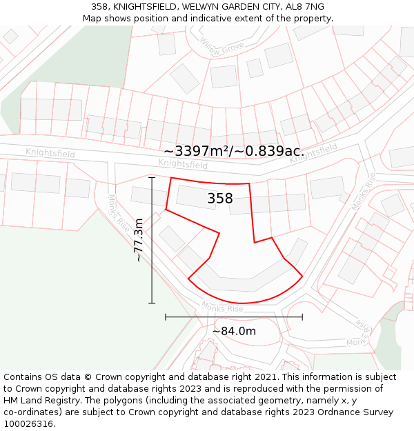 358, KNIGHTSFIELD, WELWYN GARDEN CITY, AL8 7NG: Plot and title map