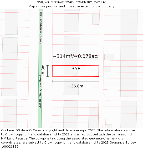 358, WALSGRAVE ROAD, COVENTRY, CV2 4AF: Plot and title map