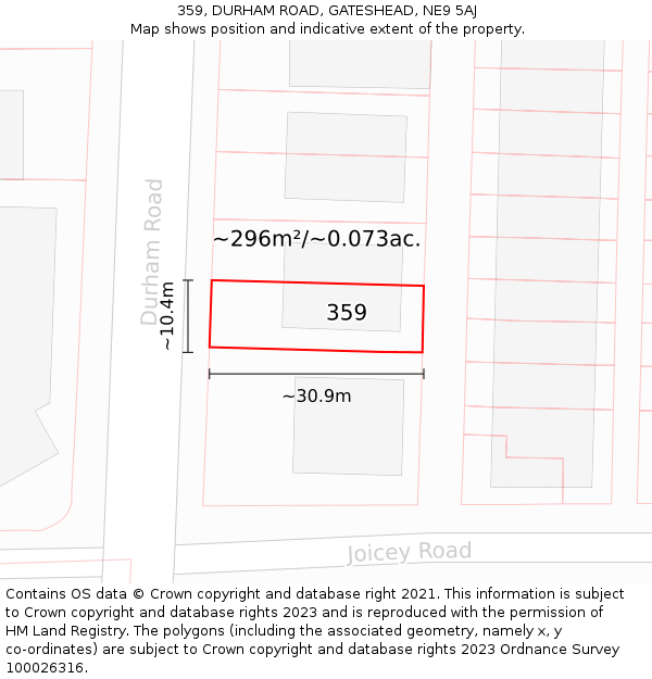 359, DURHAM ROAD, GATESHEAD, NE9 5AJ: Plot and title map