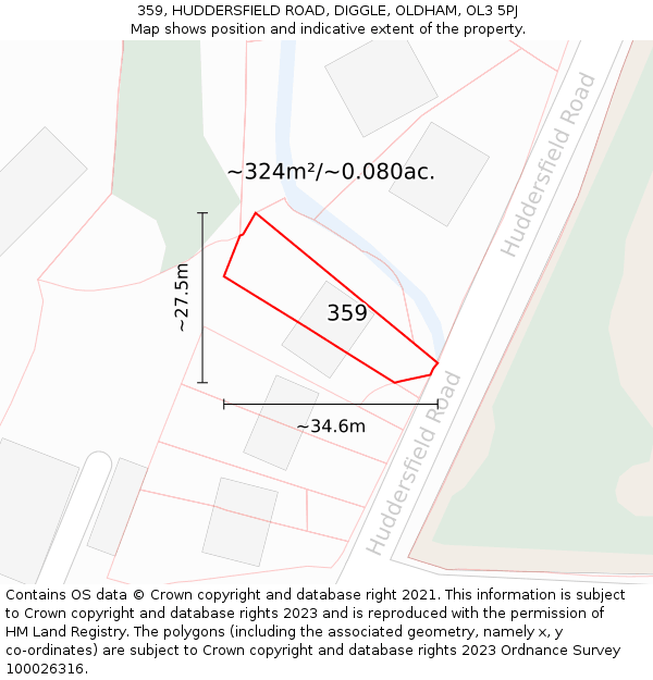 359, HUDDERSFIELD ROAD, DIGGLE, OLDHAM, OL3 5PJ: Plot and title map