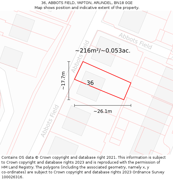 36, ABBOTS FIELD, YAPTON, ARUNDEL, BN18 0GE: Plot and title map