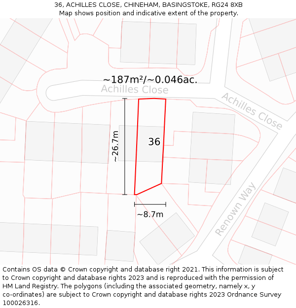 36, ACHILLES CLOSE, CHINEHAM, BASINGSTOKE, RG24 8XB: Plot and title map