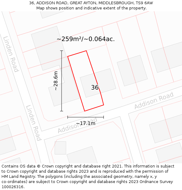 36, ADDISON ROAD, GREAT AYTON, MIDDLESBROUGH, TS9 6AW: Plot and title map