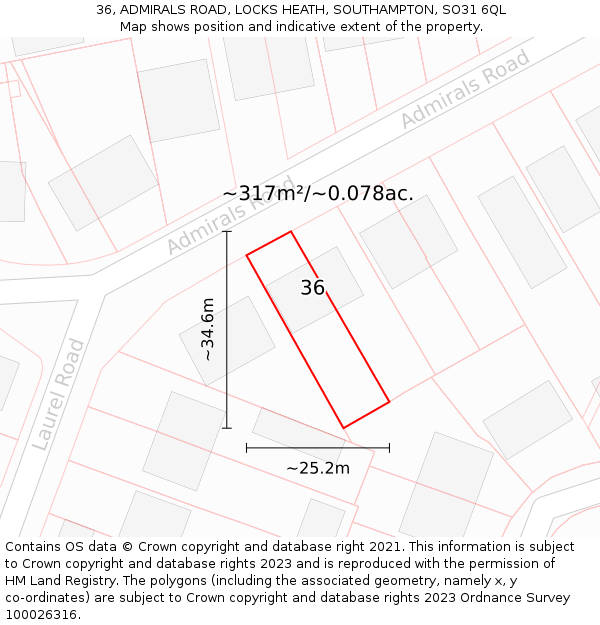 36, ADMIRALS ROAD, LOCKS HEATH, SOUTHAMPTON, SO31 6QL: Plot and title map