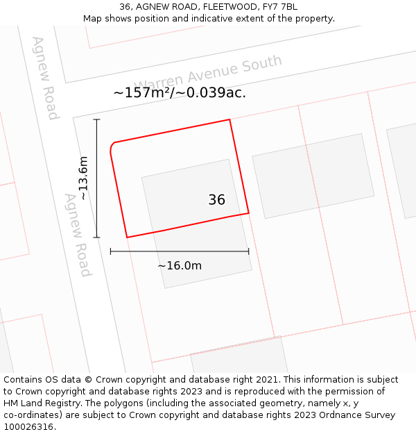 36, AGNEW ROAD, FLEETWOOD, FY7 7BL: Plot and title map