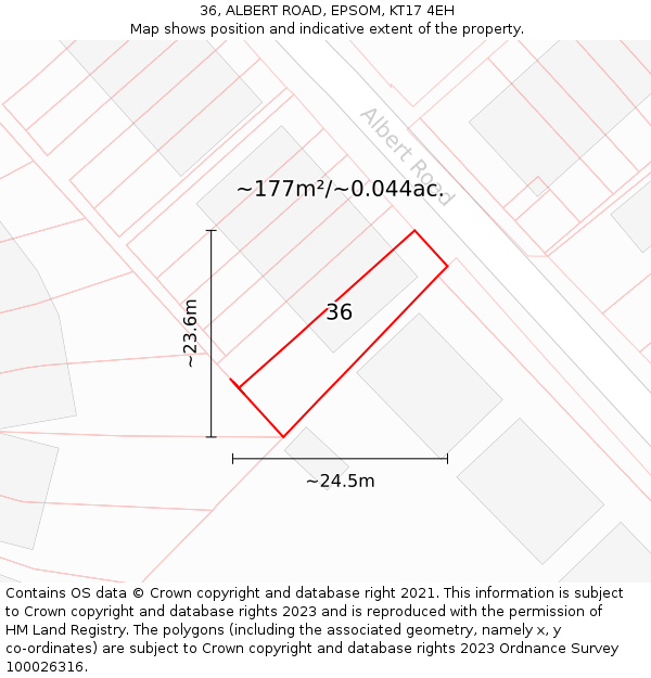 36, ALBERT ROAD, EPSOM, KT17 4EH: Plot and title map