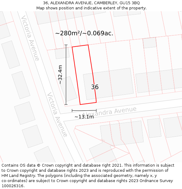 36, ALEXANDRA AVENUE, CAMBERLEY, GU15 3BQ: Plot and title map