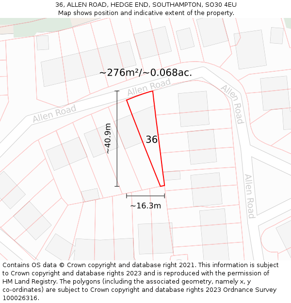 36, ALLEN ROAD, HEDGE END, SOUTHAMPTON, SO30 4EU: Plot and title map