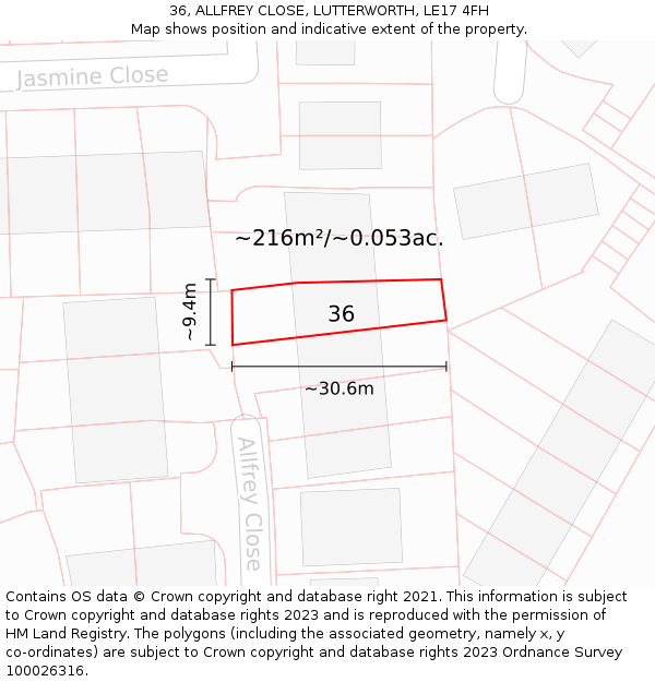 36, ALLFREY CLOSE, LUTTERWORTH, LE17 4FH: Plot and title map