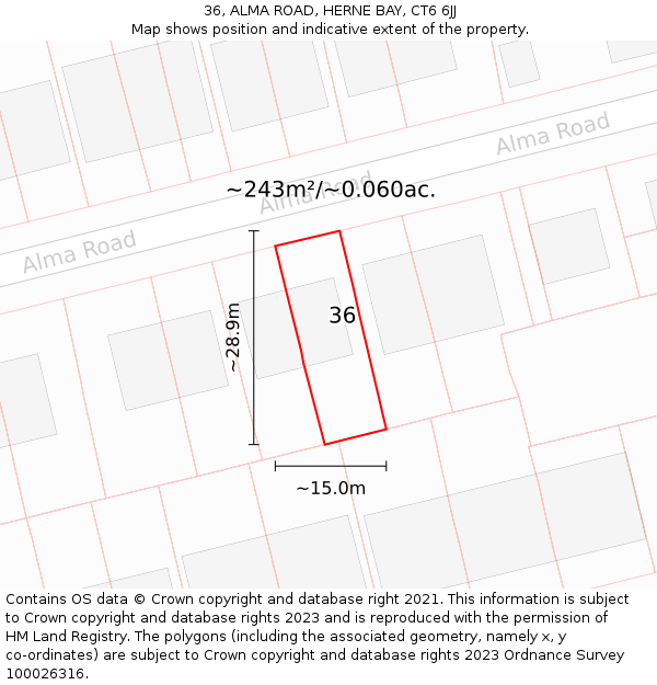 36, ALMA ROAD, HERNE BAY, CT6 6JJ: Plot and title map