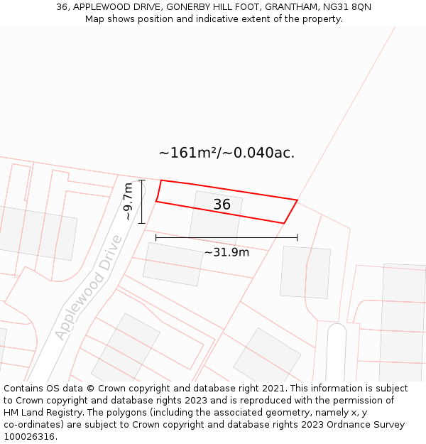 36, APPLEWOOD DRIVE, GONERBY HILL FOOT, GRANTHAM, NG31 8QN: Plot and title map