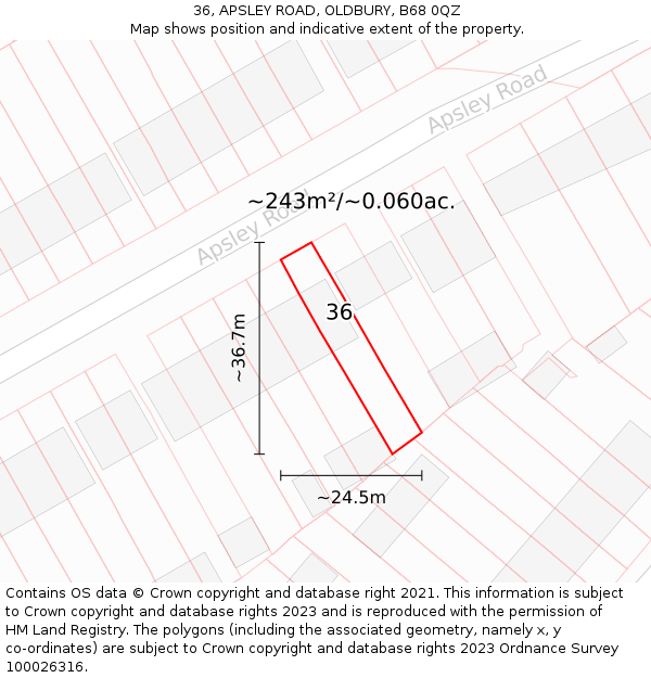 36, APSLEY ROAD, OLDBURY, B68 0QZ: Plot and title map