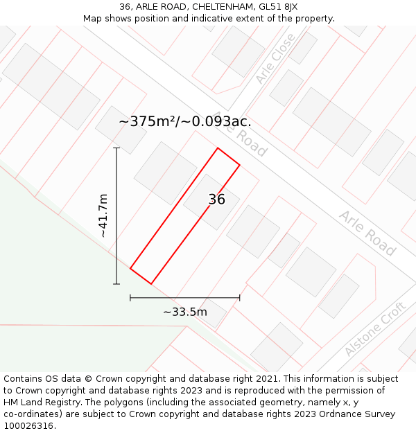 36, ARLE ROAD, CHELTENHAM, GL51 8JX: Plot and title map