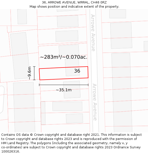 36, ARROWE AVENUE, WIRRAL, CH46 0RZ: Plot and title map