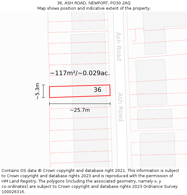 36, ASH ROAD, NEWPORT, PO30 2AQ: Plot and title map