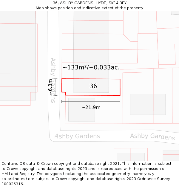 36, ASHBY GARDENS, HYDE, SK14 3EY: Plot and title map