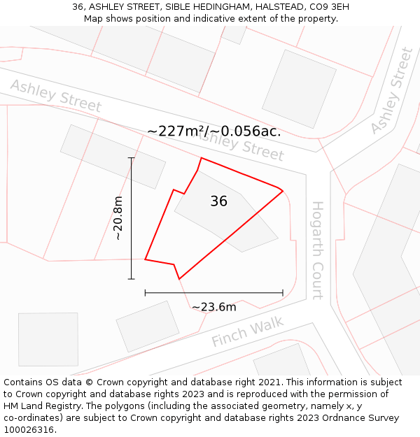 36, ASHLEY STREET, SIBLE HEDINGHAM, HALSTEAD, CO9 3EH: Plot and title map