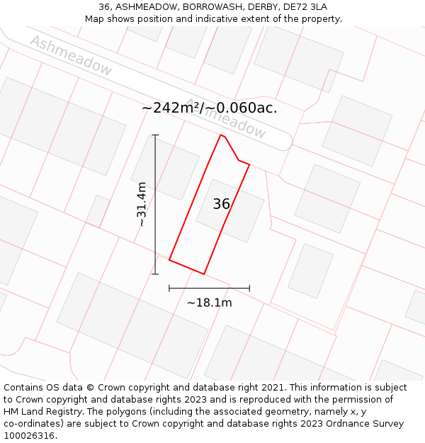 36, ASHMEADOW, BORROWASH, DERBY, DE72 3LA: Plot and title map