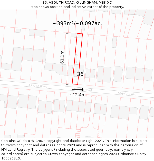 36, ASQUITH ROAD, GILLINGHAM, ME8 0JD: Plot and title map