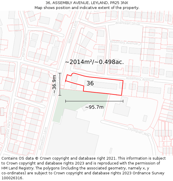 36, ASSEMBLY AVENUE, LEYLAND, PR25 3NX: Plot and title map