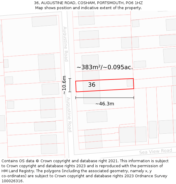 36, AUGUSTINE ROAD, COSHAM, PORTSMOUTH, PO6 1HZ: Plot and title map