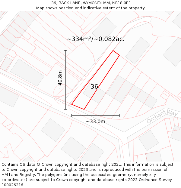 36, BACK LANE, WYMONDHAM, NR18 0PF: Plot and title map