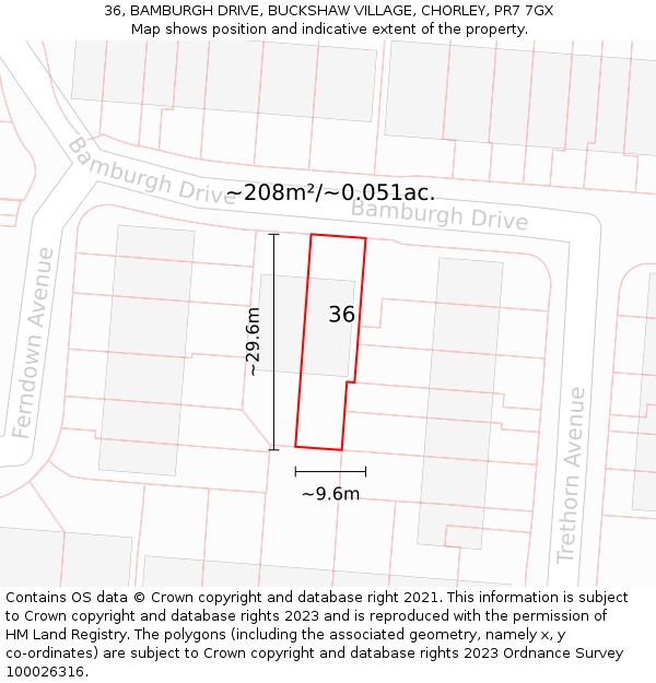 36, BAMBURGH DRIVE, BUCKSHAW VILLAGE, CHORLEY, PR7 7GX: Plot and title map