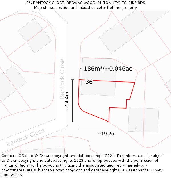 36, BANTOCK CLOSE, BROWNS WOOD, MILTON KEYNES, MK7 8DS: Plot and title map