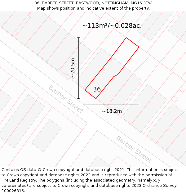 36, BARBER STREET, EASTWOOD, NOTTINGHAM, NG16 3EW: Plot and title map