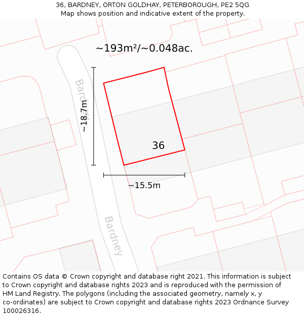 36, BARDNEY, ORTON GOLDHAY, PETERBOROUGH, PE2 5QG: Plot and title map