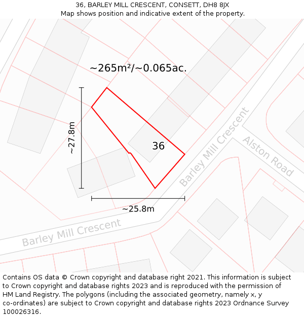 36, BARLEY MILL CRESCENT, CONSETT, DH8 8JX: Plot and title map