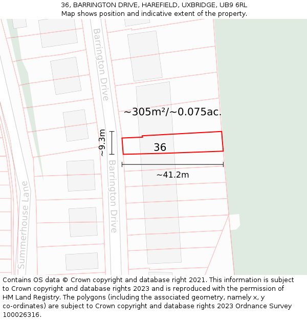 36, BARRINGTON DRIVE, HAREFIELD, UXBRIDGE, UB9 6RL: Plot and title map