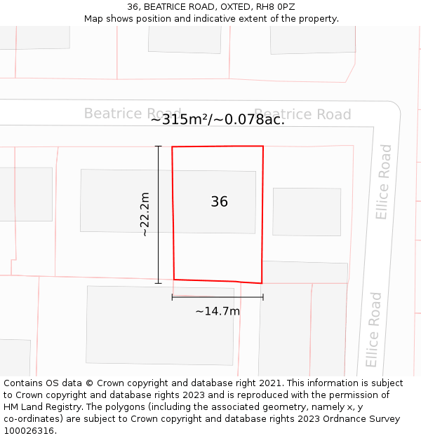 36, BEATRICE ROAD, OXTED, RH8 0PZ: Plot and title map