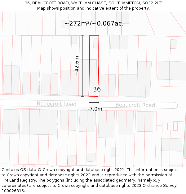 36, BEAUCROFT ROAD, WALTHAM CHASE, SOUTHAMPTON, SO32 2LZ: Plot and title map