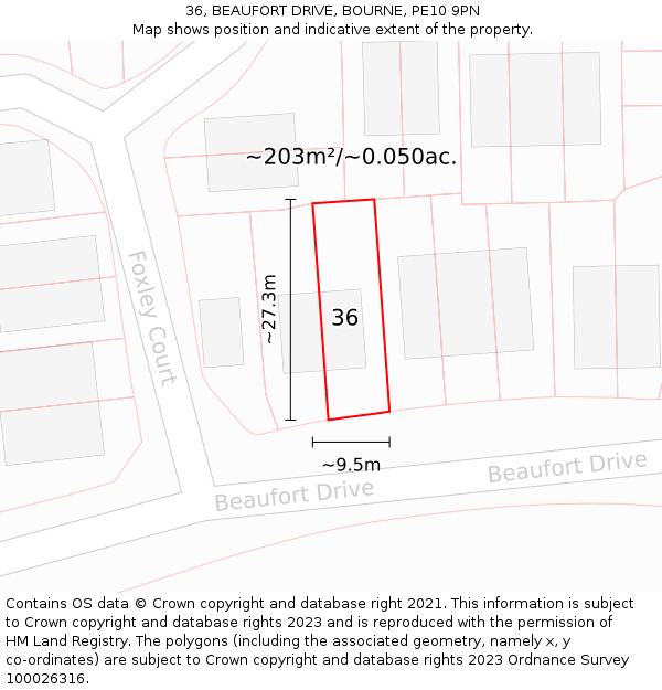 36, BEAUFORT DRIVE, BOURNE, PE10 9PN: Plot and title map