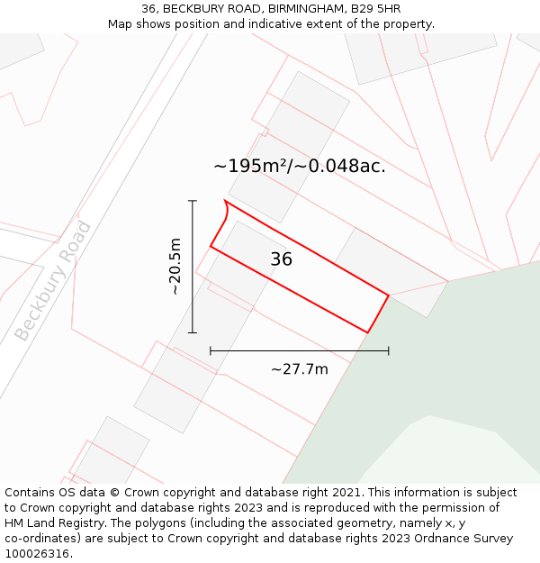 36, BECKBURY ROAD, BIRMINGHAM, B29 5HR: Plot and title map