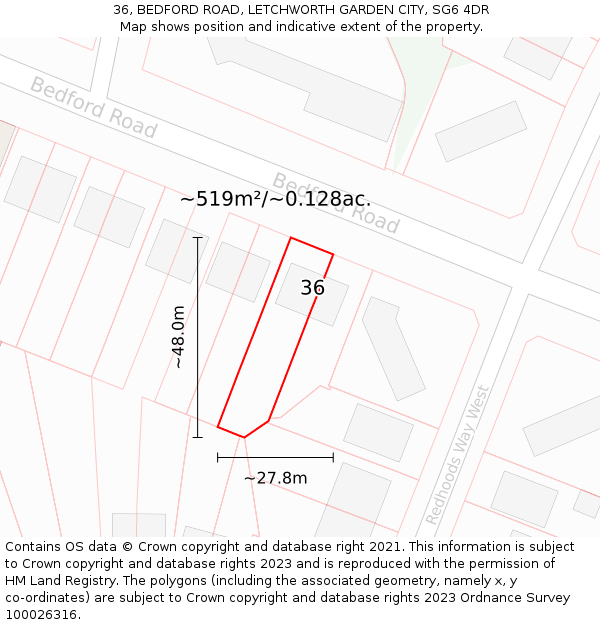 36, BEDFORD ROAD, LETCHWORTH GARDEN CITY, SG6 4DR: Plot and title map