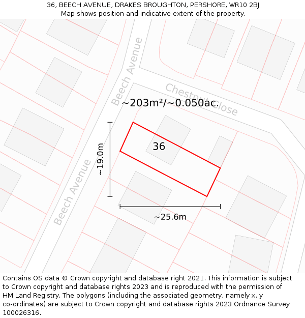 36, BEECH AVENUE, DRAKES BROUGHTON, PERSHORE, WR10 2BJ: Plot and title map