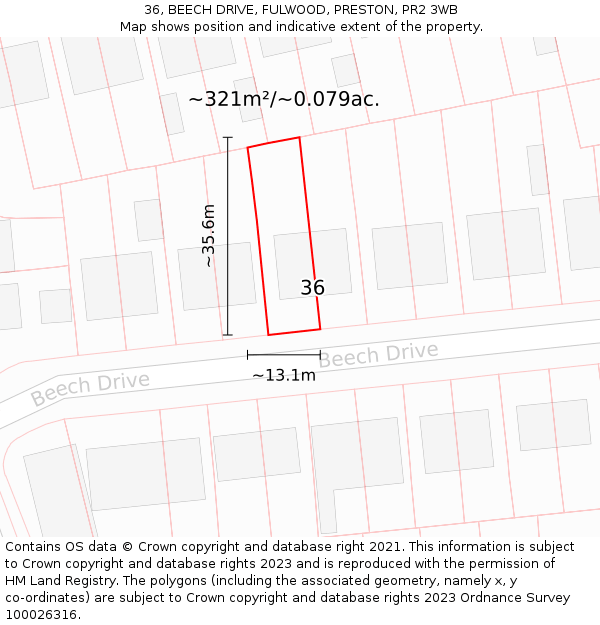 36, BEECH DRIVE, FULWOOD, PRESTON, PR2 3WB: Plot and title map