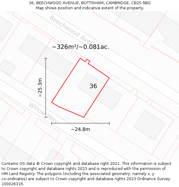 36, BEECHWOOD AVENUE, BOTTISHAM, CAMBRIDGE, CB25 9BG: Plot and title map