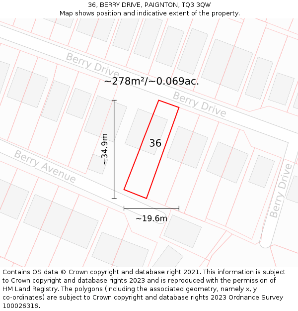 36, BERRY DRIVE, PAIGNTON, TQ3 3QW: Plot and title map