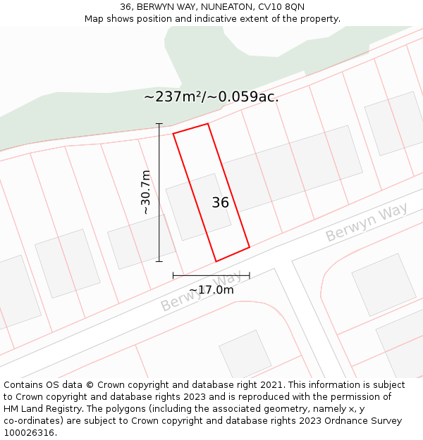 36, BERWYN WAY, NUNEATON, CV10 8QN: Plot and title map