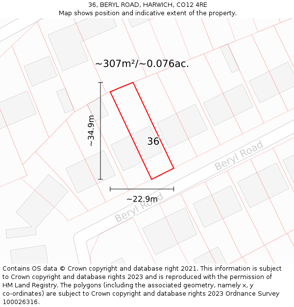 36, BERYL ROAD, HARWICH, CO12 4RE: Plot and title map