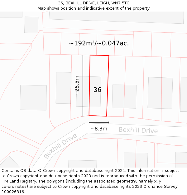 36, BEXHILL DRIVE, LEIGH, WN7 5TG: Plot and title map